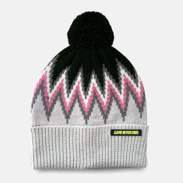 Acrylic Beanie – Bold Zigzag Pattern with Pom-Pom "Game Never Ends" - Image 3